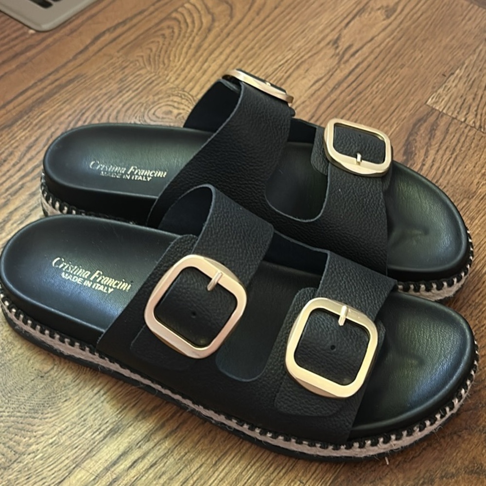 Cristina Francini Black Buckle Slide Sandals